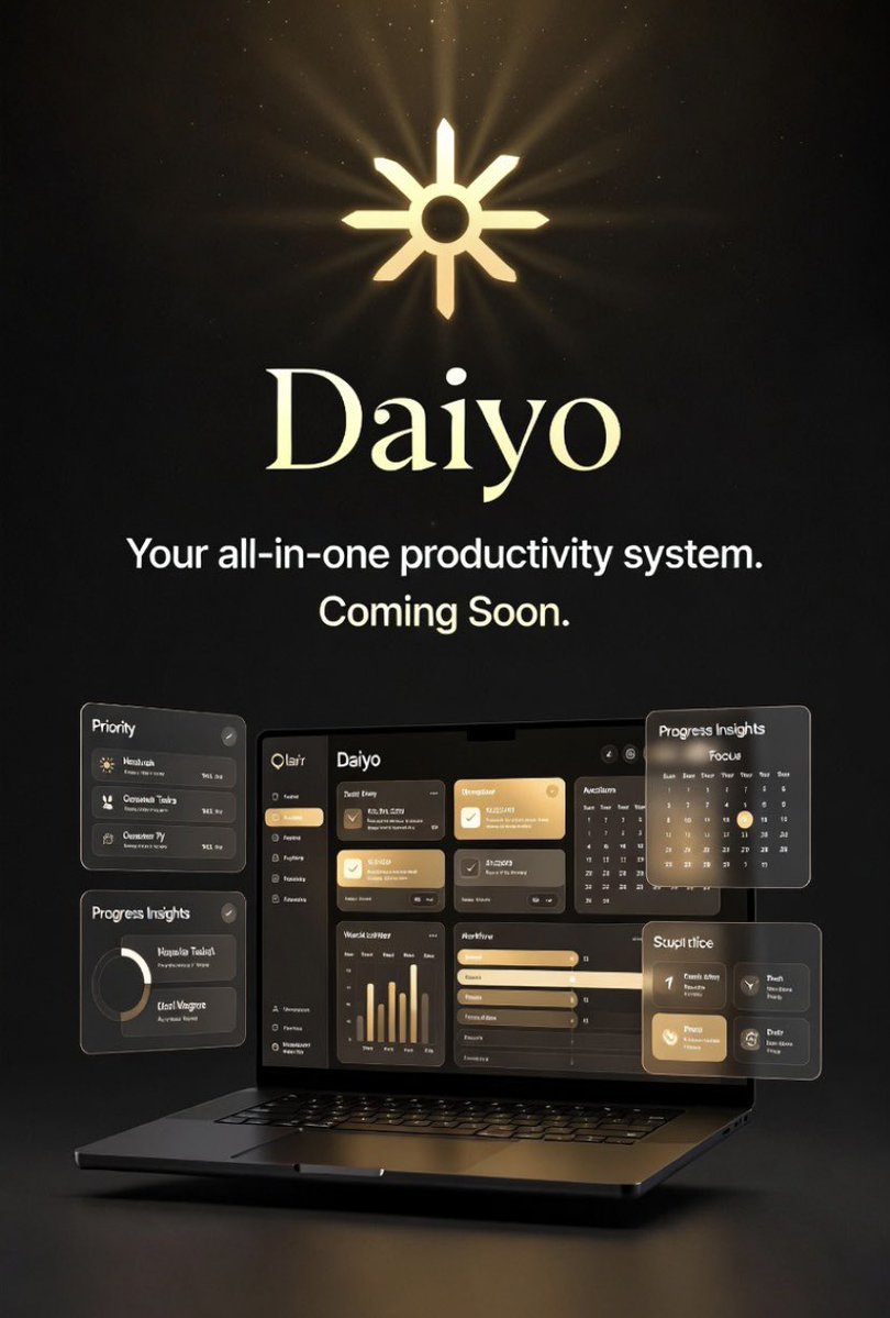 favourdev1's tweet photo. The vision is clear. ☀️🚀
At Favour Dev Nexus, we’re building Daiyo. A productivity SaaS inspired by the Japanese word for greatness, designed to help you stay focused, organized, and intentional every day. 💡⚡
Coming soon. 🖤

#daiyo #saas #productivity #Techfounders https://t.co/JlebI6feX5