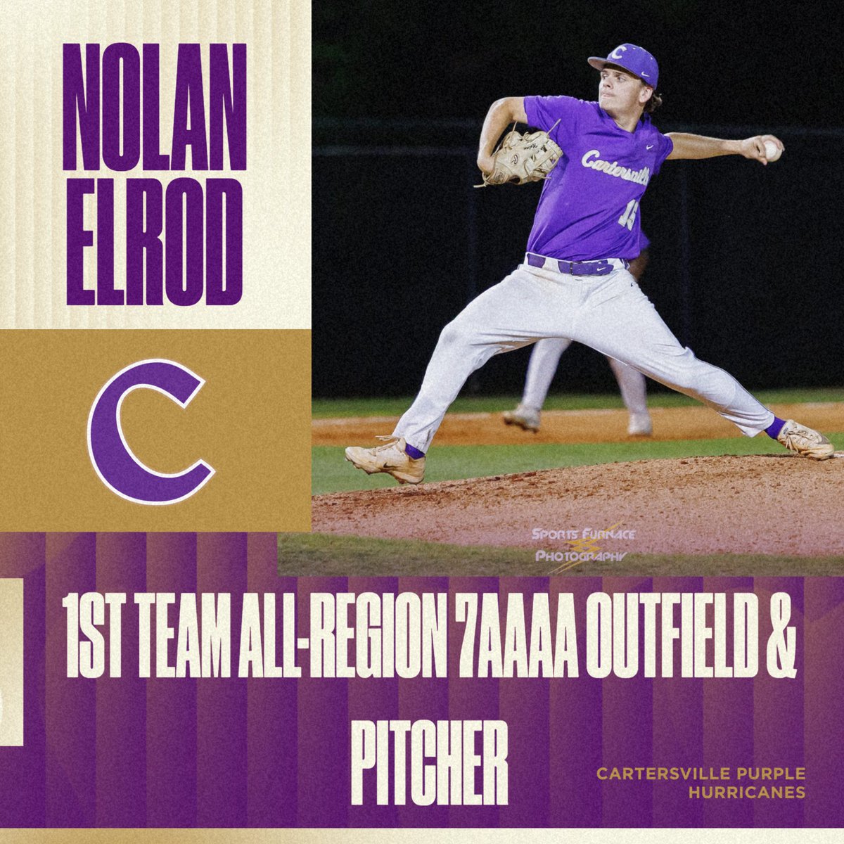 CHSHurricaneBSB's tweet photo. .500 with 5 HR, 31 RBIs, &amp; an OPS of 1.405 at the plate, 5-0 with a 2.33 ERA, 37K in 27.0 IP on the mound, Nolan Elrod is 1st-Team All-Region 7AAAA as both an outfielder and a pitcher. https://t.co/Uqv88Ez3kE