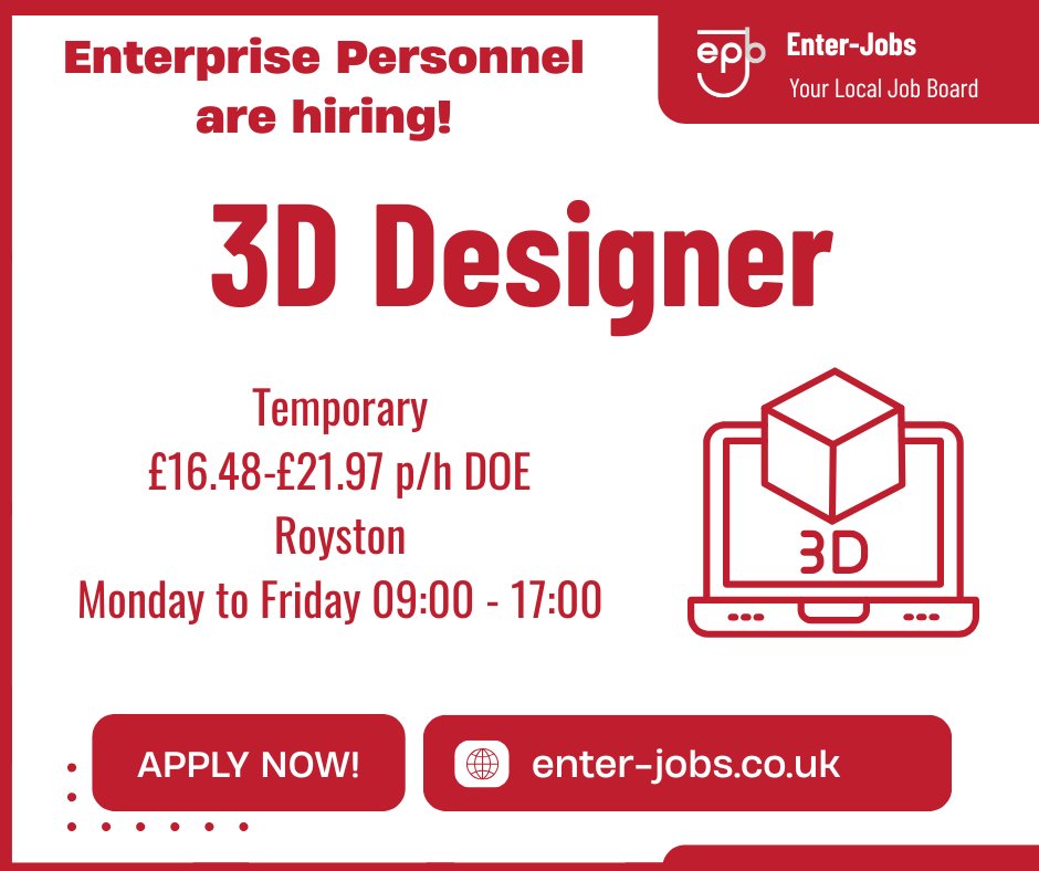 EnterJobs's tweet photo. Enterprise Personnel are seeking a 3D designer to create high quality three-dimensional images &amp; models for our client. You will be completing initial sketches, wireframes, prototypes of images and product representations. You will edit existing 3D models and create new ones. https://t.co/pmg08dVB18