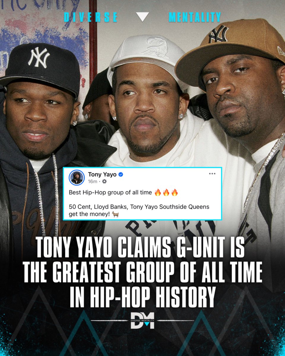 DverseMentality's tweet photo. Tony Yayo has no doubts: G-Unit is the greatest Hip-Hop group of all time. 
Yayo shared a throwback classic archive photo of the group and made it clear: 

“Best HIP-Hop group of all time 50 Cent, Lloyd Banks, Tony Yayo. Southside Queens get the money! 🐐” https://t.co/uw8w5BwutP