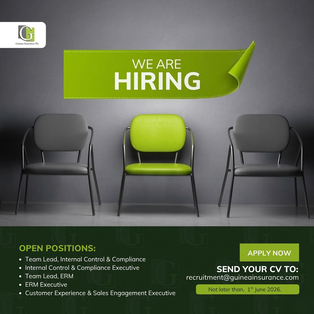 GuineaInsurance's tweet photo. ...we are seeking a skilled Team Lead Internal Control, Team Lead ERM, ERM Executive, Customer Experience &amp; Sales Engagement Executive to join our team. 

#InternalControl
#Compliance
#ERM
#CustomerService
#Vacancy
#HiringNow
#FYP
#Viral
#Insurance
#GuineaInsurancePlc https://t.co/4busgMHHdA