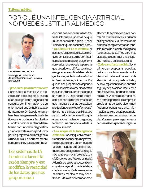 ManelEsteller's tweet photo. Mi artículo de Mayo en la revista "Saber Vivir" 
@SaberVivir_Tv @CharoSierraV : De Dr. Google a Dr. ChatGPT o de cómo el médico no puede ser sustituido por una #inteligenciaartificial #IA
https://t.co/zMuimQPax8 https://t.co/JeWy3NvHp0