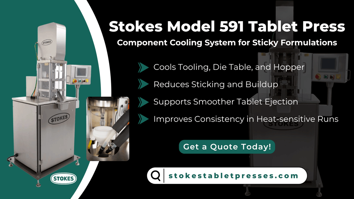 StokesTP1896's tweet photo. Heat buildup during tablet compression can create sticking and ejection issues with difficult formulations.

The Stokes Model 591 helps manage heat through integrated component cooling during production.

https://t.co/2wQGfXnAKB https://t.co/l0EIGaiSUb