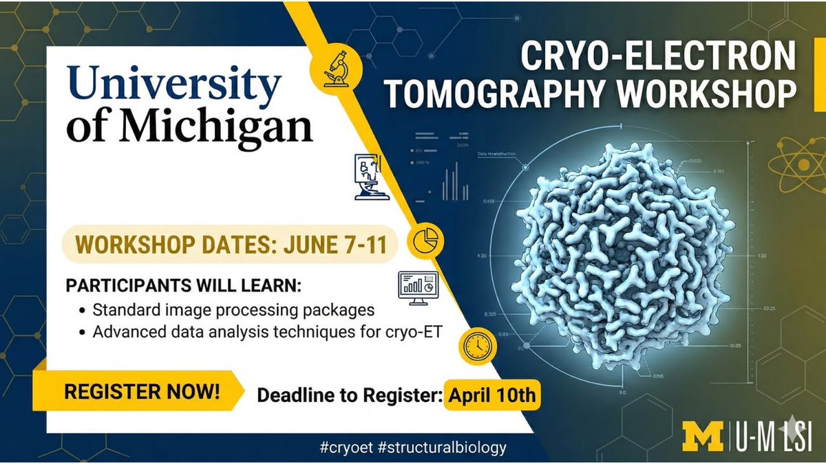 MiTeGen's tweet photo. The Cryo-Electron Tomography Workshop at the University of Michigan is June 7-11 - Participants will learn about standard image processing packages used to analyze cryoET data - Learn more -> https://t.co/jsGBGT0V0F Register deadline is April 10th - We are a sponsor of this event https://t.co/7OrlLkQ9sc