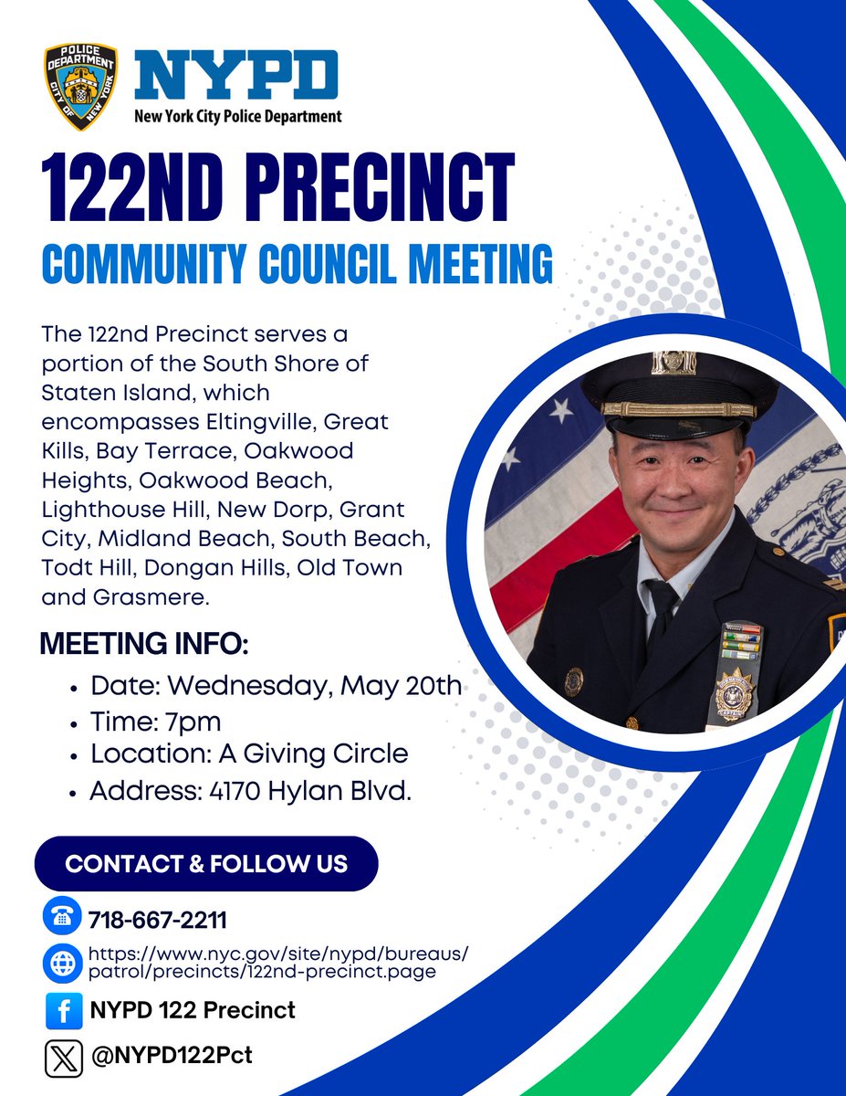 NYPD122Pct's tweet photo. Join us this Wednesday, May 20th for our monthly Community Council meeting at a new location, A Giving Circle - 4170 Hylan Blvd. Come share your neighborhood concerns &amp; ask questions about topics you feel are important. Together we can make a difference. Hope to see you there! https://t.co/tyRwBzJhGS