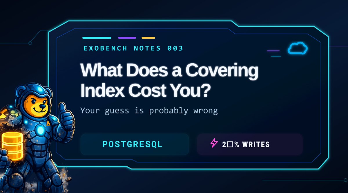 deusaquilus's tweet photo. Architects love to say "covering indexes hurt write performance". Nobody ever has the number. 

I do now.

Covering index, 2M rows, measured:
+28% INSERTs +25% UPDATEs for 1.26x faster reads.

Most of the "3x faster" story is just a broken planner.
https://t.co/TzLK1jLzUZ

I described the question to my AI → it called ExoBench → spun up a fresh Postgres, generated 200K customers and 2M orders, ran INSERTs, UPDATEs, reads, and storage measurements across three index strategies: none, single-column, and covering.

Break-even: covering only beats single-column at fewer than ~4,300 writes/min per analytical read/min. Above that, single-column wins.

The reveal: the "3.06x faster reads" you see from a covering index is mostly a measurement of how broken your planner is. Fix random_page_cost = 1.1 first and the gap shrinks to 1.26x.

Same data. Same query. Same indexes. The decision changes 10x depending on which random_page_cost your cluster is using.

Full write-up: INSERT/UPDATE/storage measurements, break-even math, and plenty of social commentary!