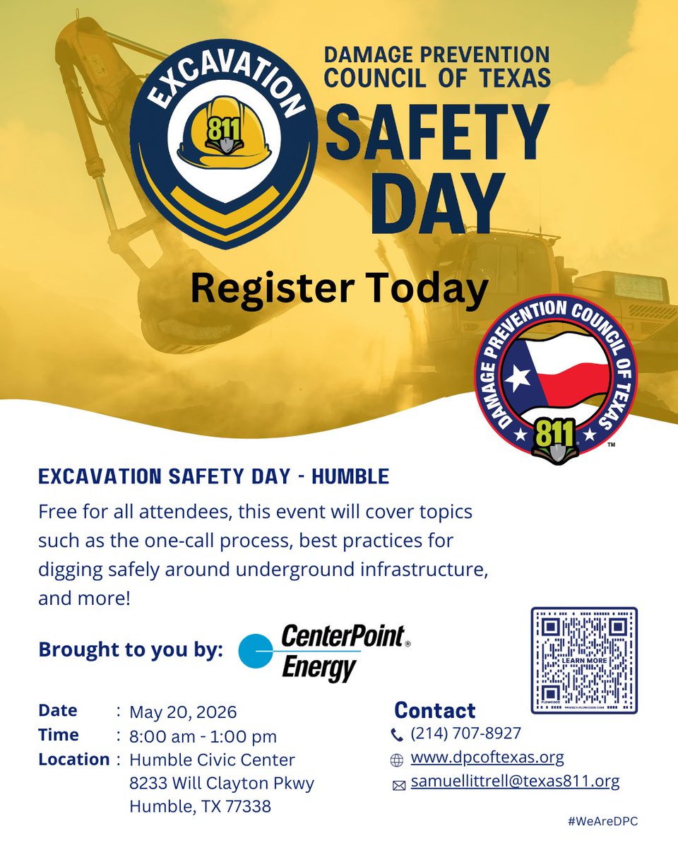 DamageTexas's tweet photo. Ready to dig safely? Join us in Humble on May 20, 2026, for Excavation Safety Day! Connect with industry experts, learn best practices, and protect underground infrastructure with free admission, hands-on sessions, and networking opportunities. 

Register: https://t.co/Gu2LsJ6aDt https://t.co/2nuf4lFSH5