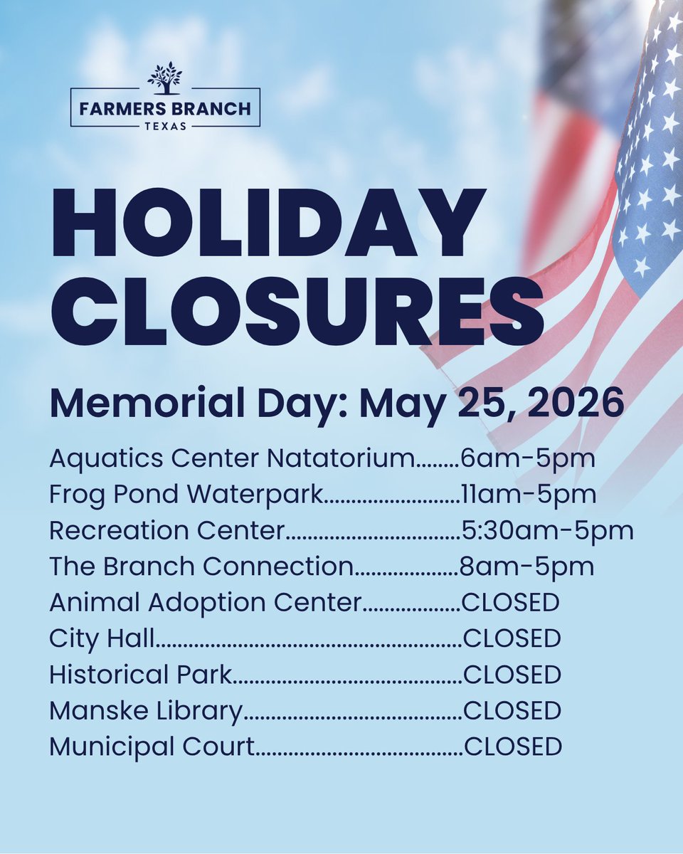 FBTX's tweet photo. Please note our city holiday closures and operating hours for Memorial Day on Monday, May 25.

Learn more: https://t.co/dGkwo3Jc1F https://t.co/Xa8b9OEglA