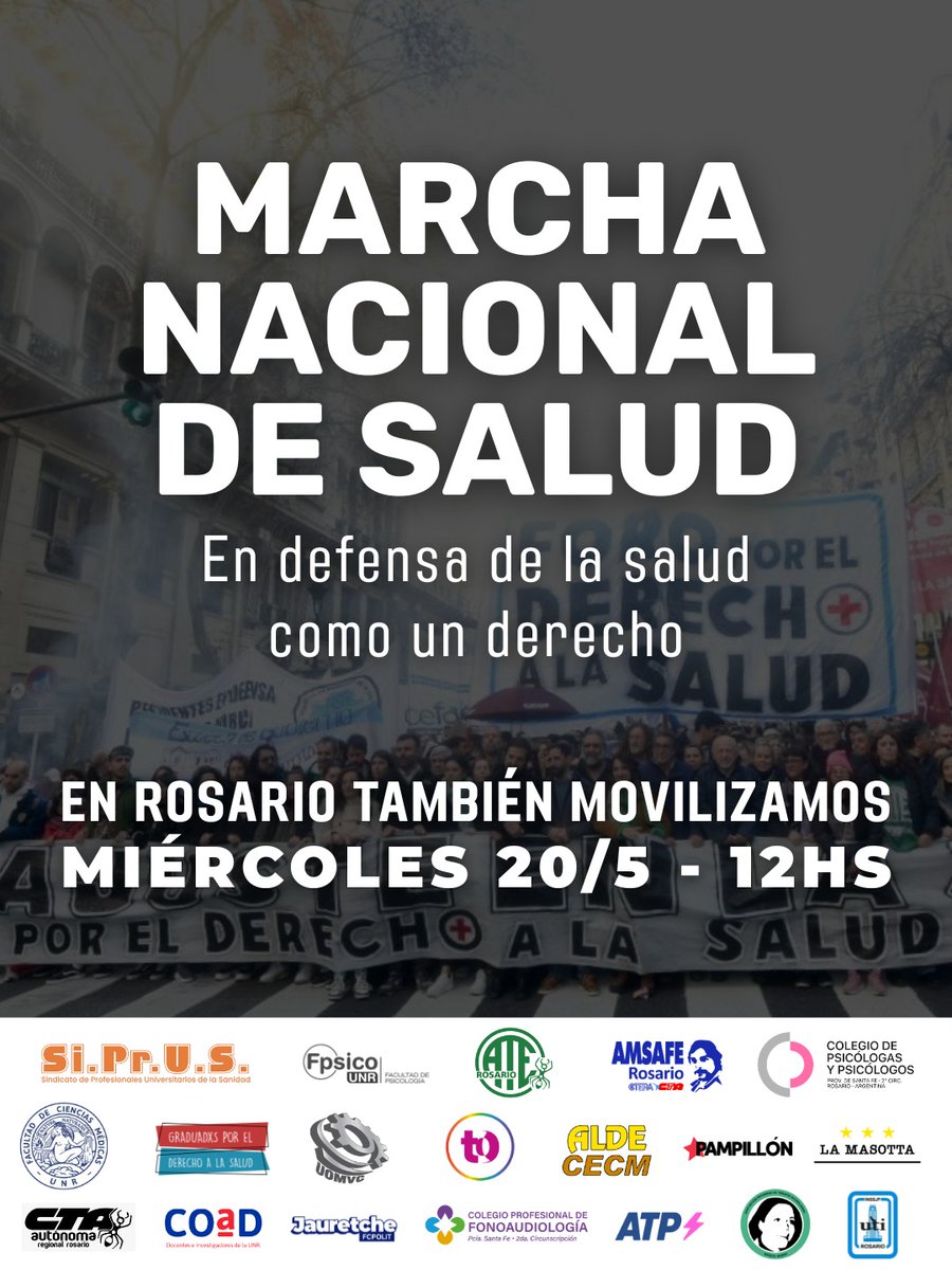 CTARosario's tweet photo. Marcha Nacional de Salud
🩺 CTAA Rosario convoca a marchar este miércoles 20/5 en defensa del derecho a la salud y condiciones dignas de trabajo 
✅ Concentración 11:30 en Plaza 25 de Mayo. 
La marcha inicia a las 12:00 con paso por el Nodo Salud hacia el PAMI I. https://t.co/jNMSl60blY