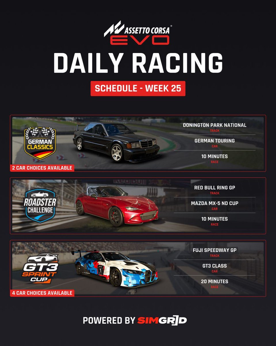 sim_grid's tweet photo. Clean racing &amp; good vibes only. 🤝

The new @AC_assettocorsa Evo daily combos are waiting for you.

See you on the grid! 👇 
https://t.co/Lrj6zGpFYa https://t.co/gCNx4nDF9a