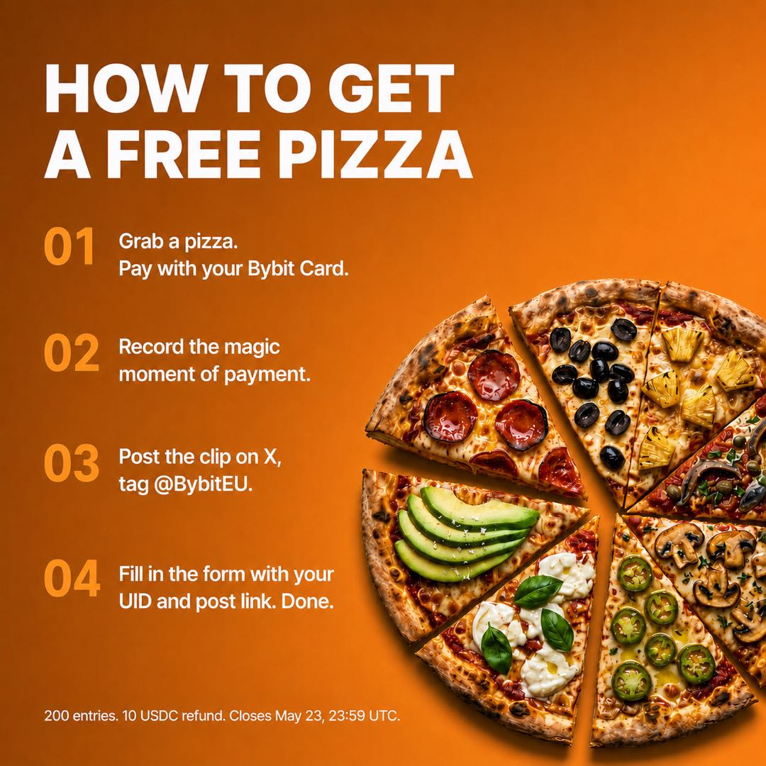 BybitEU's tweet photo. 🍕 On May 22, 2010, Laszlo Hanyecz made history by paying 10,000 BTC for 2 pizzas, the first real-world Bitcoin transaction. Now, every May 22nd, we celebrate Bitcoin Pizza Day ⚡

This year, we’re launching special social campaigns to celebrate with you.

How to participate? 🍕 Just order & enjoy a pizza.
Participation details in the first comment 👇