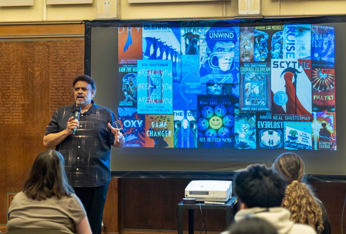 CranbrookSchool's tweet photo. Award winning young adult author Neal Shusterman recently spent the day at Cranbrook speaking and working with middle and upper school students. In the morning middle school students heard him speak, followed by a writing workshop. Shusterman then had a lunch interview and press conference with student media staff (Crane, Clarion, and Crane-Clarion) before addressing upper school students in the Kingswood Auditorium. Students enjoyed learning more about the life of a writer and what it is like to create books.