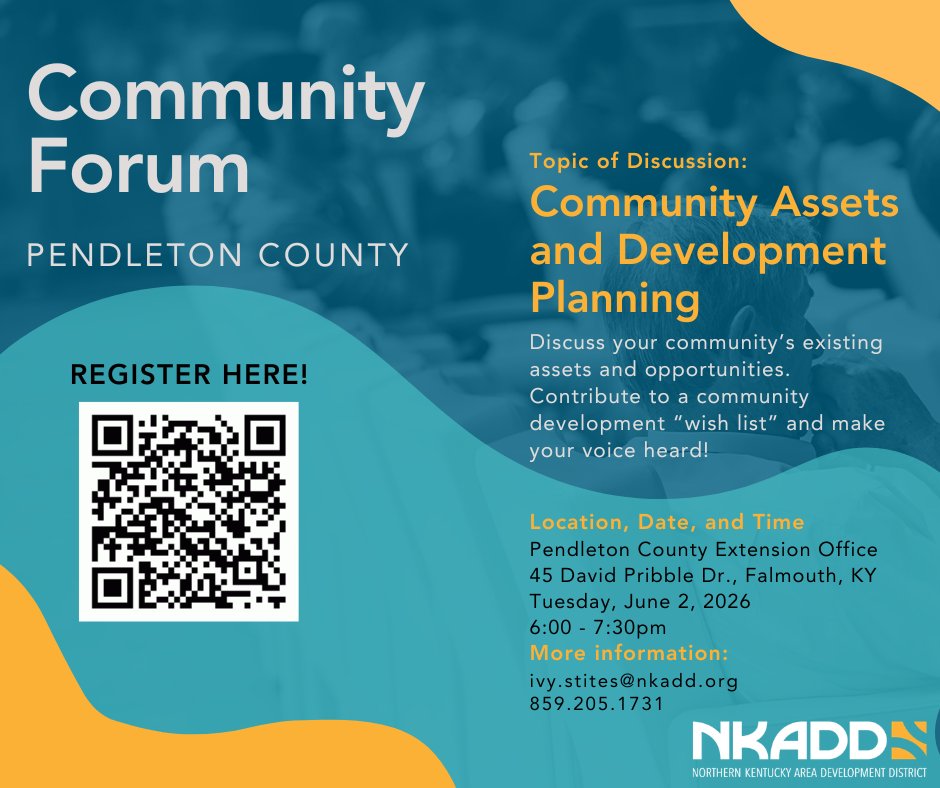 nkadd's tweet photo. 📣 Pendleton County Community Forum 

👉 Join us for a discussion on Community Assets and Development Planning!  
📅 Tuesday, June 2, 2026
🕕 6:00 – 7:30 PM 
📍 Pendleton Cooperative Extension Office (45 David Pribble Drive, Falmouth, KY) https://t.co/faUyIKLJbR