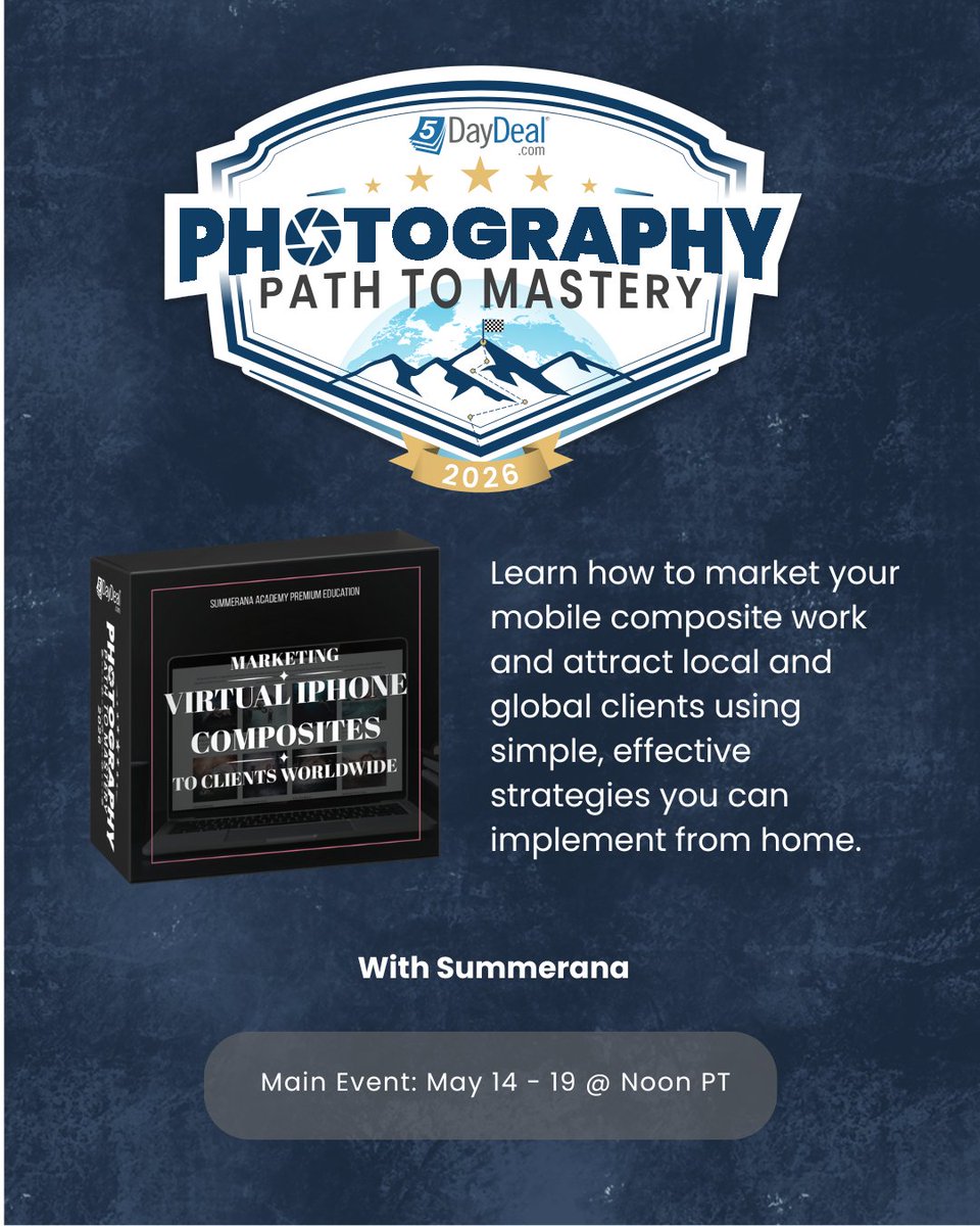 5DayDeal's tweet photo. Day 5 watch pick 🌍📸 Marketing Virtual iPhone Composites to Clients Worldwide https://t.co/KOrm837crd
Learn how to market  to clients anywhere.

Ends May 19 at noon PT
🎁 Giveaway open

#5DayDealPhoto
#Dronestagram
#PhotoShoot
#InstaPhoto
#NewArtists https://t.co/p1OZrX8iS7