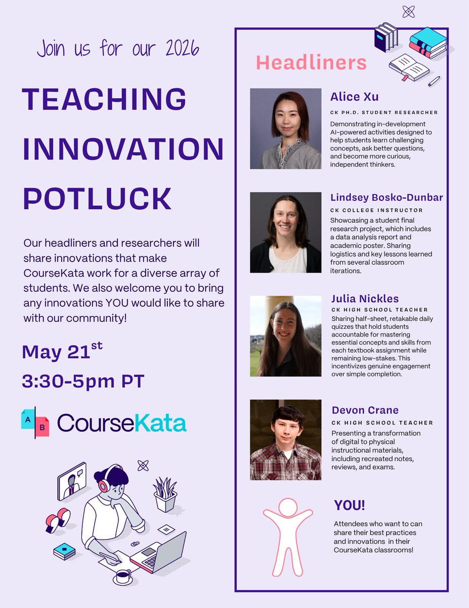 CourseKata's tweet photo. Quick reminder to join our Teaching Innovation Potluck happening this Thursday, May 21, 3:30 - 5 PM (PT). Hear directly from our instructors about innovations that help CourseKata work for students. 

There’s still time to register here: https://t.co/WaDUmKunwc https://t.co/PPjMsofmSM