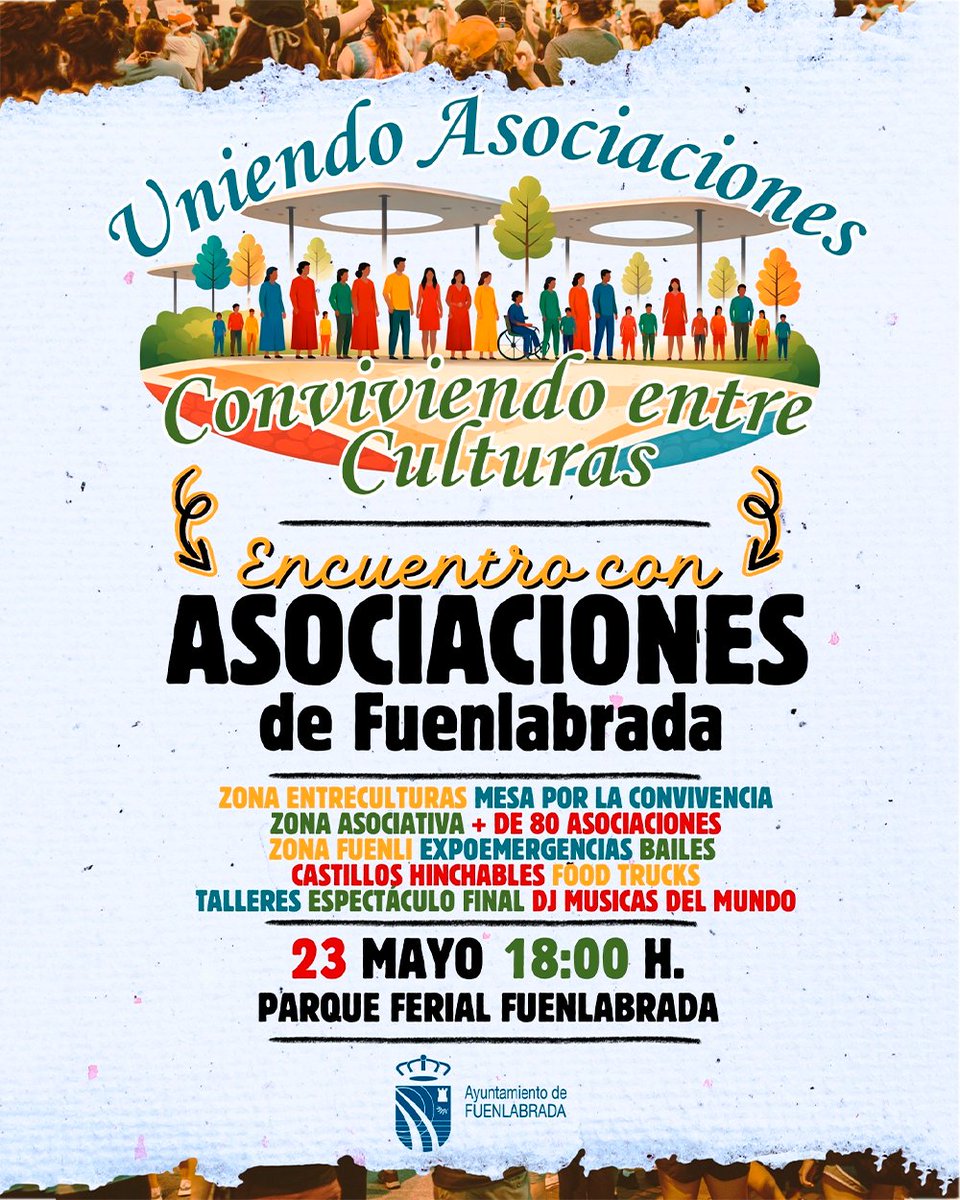 FerialFuenla's tweet photo. 🌍🤝 Uniendo asociaciones, conviviendo entre culturas
📍 Parque Ferial
📅 23 de mayo
🕕 Desde las 18:00 h
Fuenlabrada celebra la diversidad con la Mesa por la Convivencia 💙
✨ Y a las 22:00 h… ¡gran espectáculo familiar con músicas del mundo! https://t.co/0OpS0MxX6T