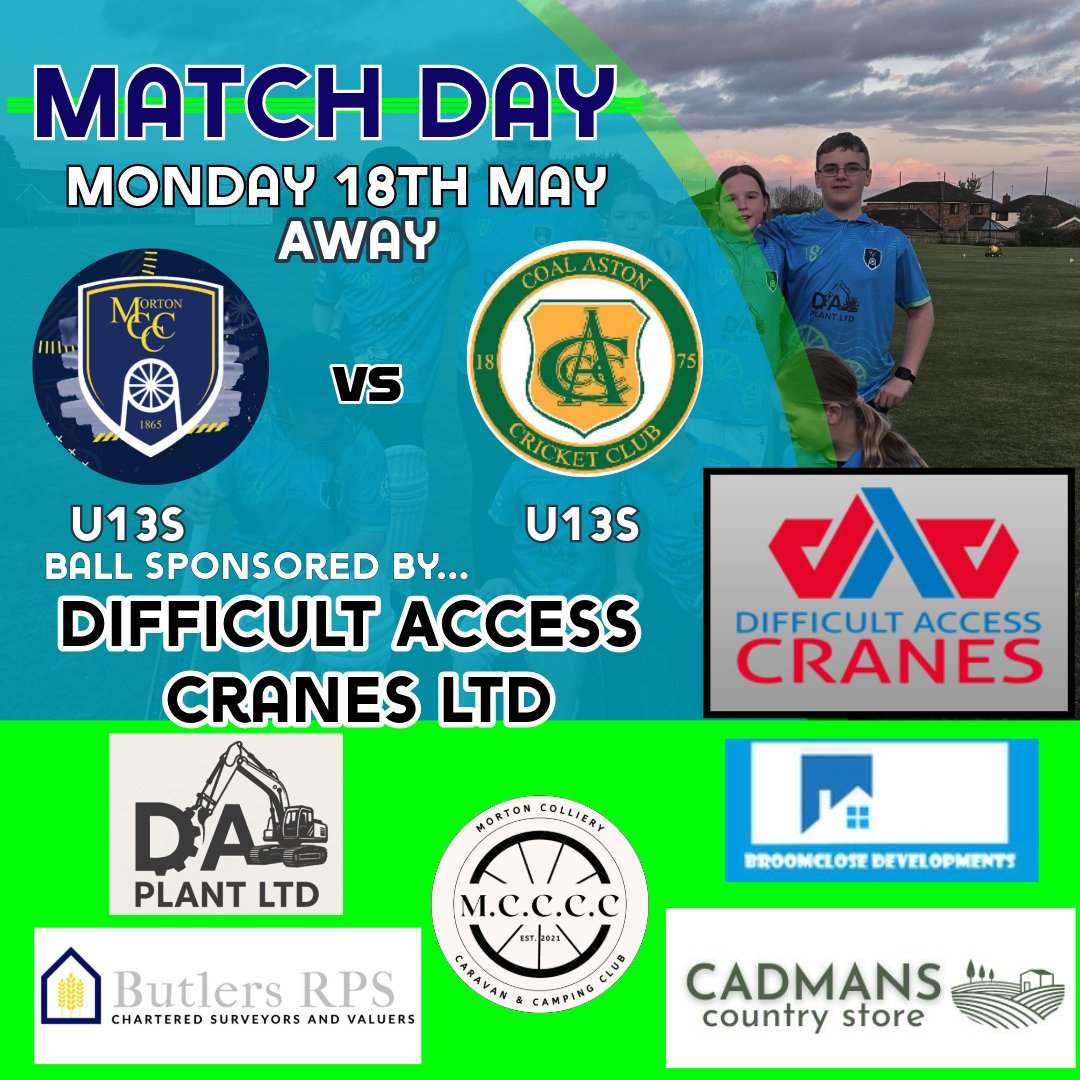 MortonCCC's tweet photo. Match Day 🏏

Our U13s hit the road today as they travel to Coal Aston CC for this weeks fixture. First ball at 6.15pm.
Match Ball sponsored by Difficult Access Cranes LTD

Check out their Website here,
https://t.co/7cEco99ozZ https://t.co/icbZubG5XC