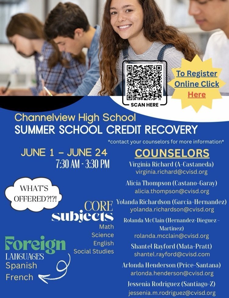 ChannelviewHS's tweet photo. Need to catch up on credits this summer?

Summer Credit Recovery is happening June 1–24 at Channelview High School from 7:30 AM–3:30 PM.

Core subjects and world languages are available!

Register online now: https://t.co/UDxwhiEVPF

Questions? Contact your counselor for details. https://t.co/yFFCeFqeMR