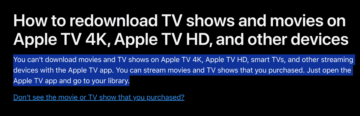 SundanceEaton's tweet photo. @pedro_lv_42 @WallStreetApes Yes. The same happened for me. I think it is awesome they do that. The point I was making was that (unlike the lower resolutions) you cannot download 4k movies to your Apple TV - only stream. https://t.co/8OTduy1wuB