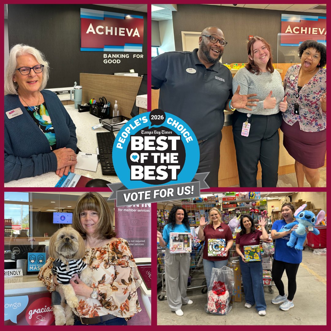 AchievaCU's tweet photo. Achieva is up for Best Credit Union and Best Mortgage/Home Loan in the 2026 Tampa Bay Best of the Best. Cast your vote today!

🗳 Vote https://t.co/dvz7Qyc2Hk
✅ Select Vote ➡️ Services ➡️ Credit Union or Mortgage

#AchievaCU #BestOfTheBest2026 #TampaBay https://t.co/8HfSKeCfAY
