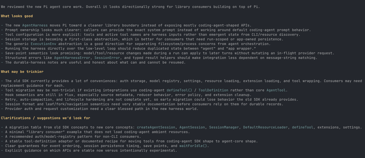 imaurer's tweet photo. @badlogicgames I asked my clanker to assess how my code is going to have to change based on the WIP SDK code inside of Pi. 

Apologies if this isn't useful slop. https://t.co/SCl9mebgh3