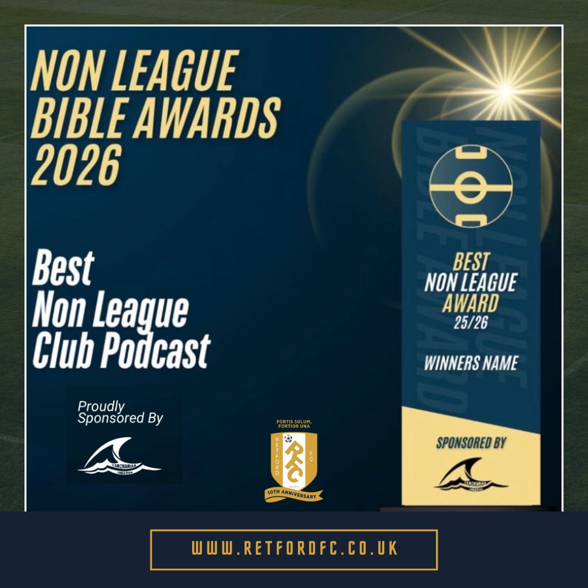 Retford_FC's tweet photo. WE’VE BEEN SHORTLISTED!

We are delighted to be shortlisted for the Non League Bible Awards for Best Non League Club Podcast!

Please - vote now and spread the word - let’s make it ANOTHER trophy to add to the cabinet!

Vote here: 

https://t.co/UEI7OICVL4 https://t.co/rcXvoDBXhO