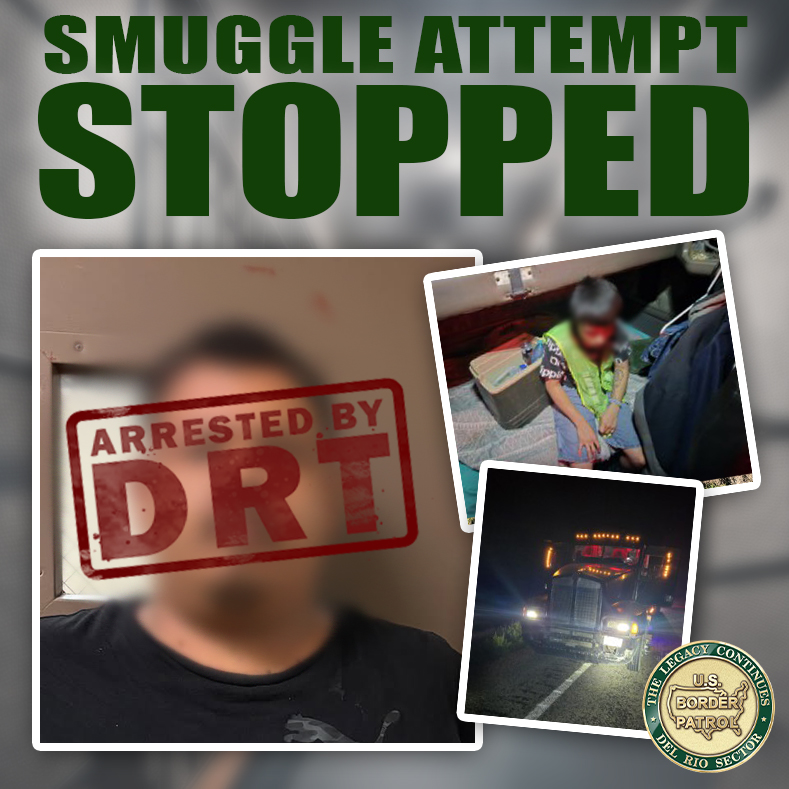 USBPChiefDRT's tweet photo. Trying to smuggle an illegal alien through an immigration checkpoint is always a bad idea.
Brackettville agents found this illegal alien stashed in sleeper area of a semi, under the bed. Instead of a quick payday, the driver will get a felony charge. https://t.co/FBZEvvZw04