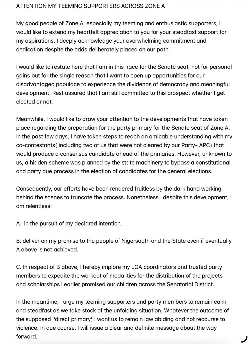 NamiMuhammad's tweet photo. Attention: To my teeming supporters across Zone A, Niger South. https://t.co/0DQ35dRb93
