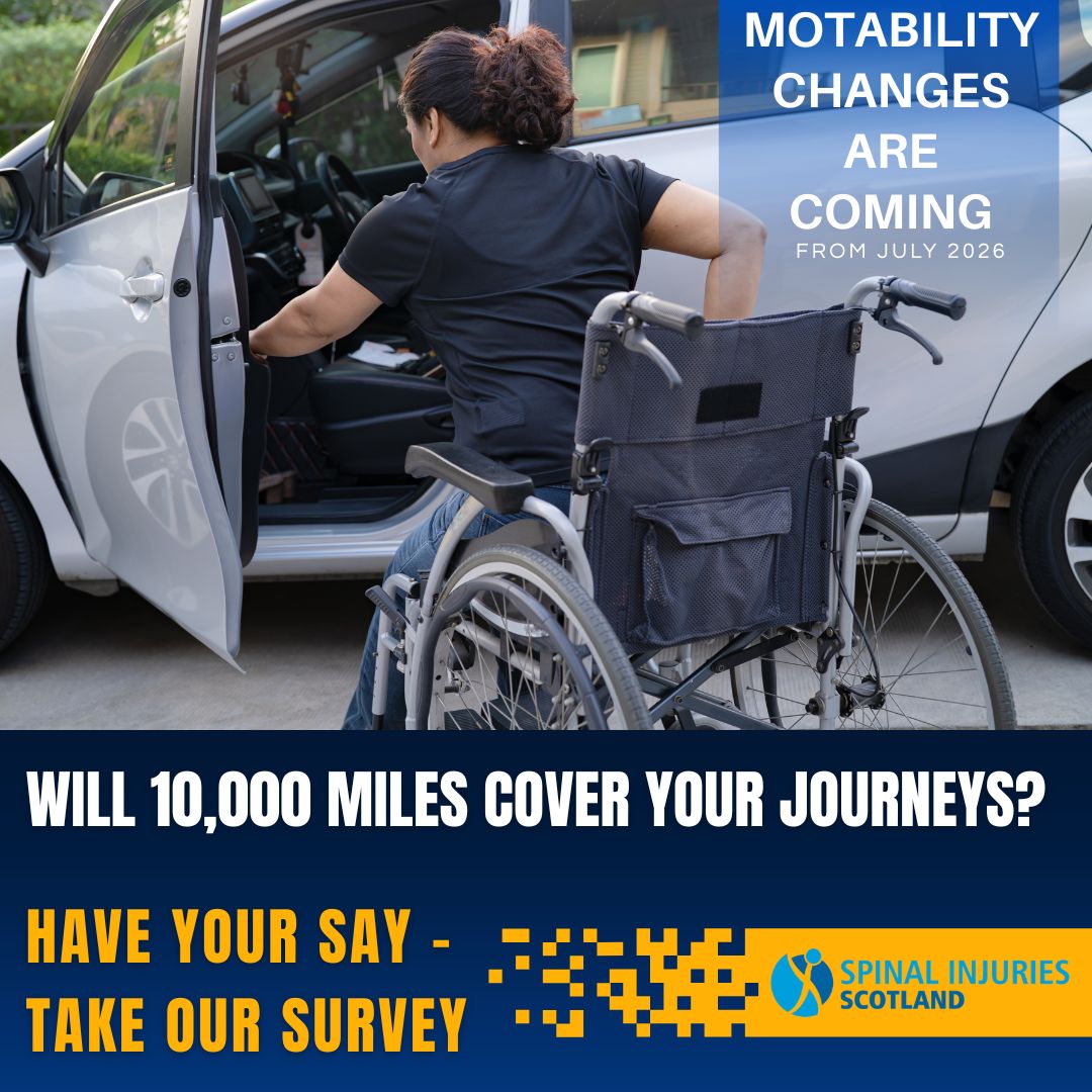sisonlineorg's tweet photo. Do you attend the National Spinal Injuries Unit or outreach clinics in Scotland?

From 1 July 2026, Motability mileage will change to 10,000 miles/year. We want to hear how this affects you.

Take our survey 👇
https://t.co/SgP992fjp4 https://t.co/eSiwKF4e76