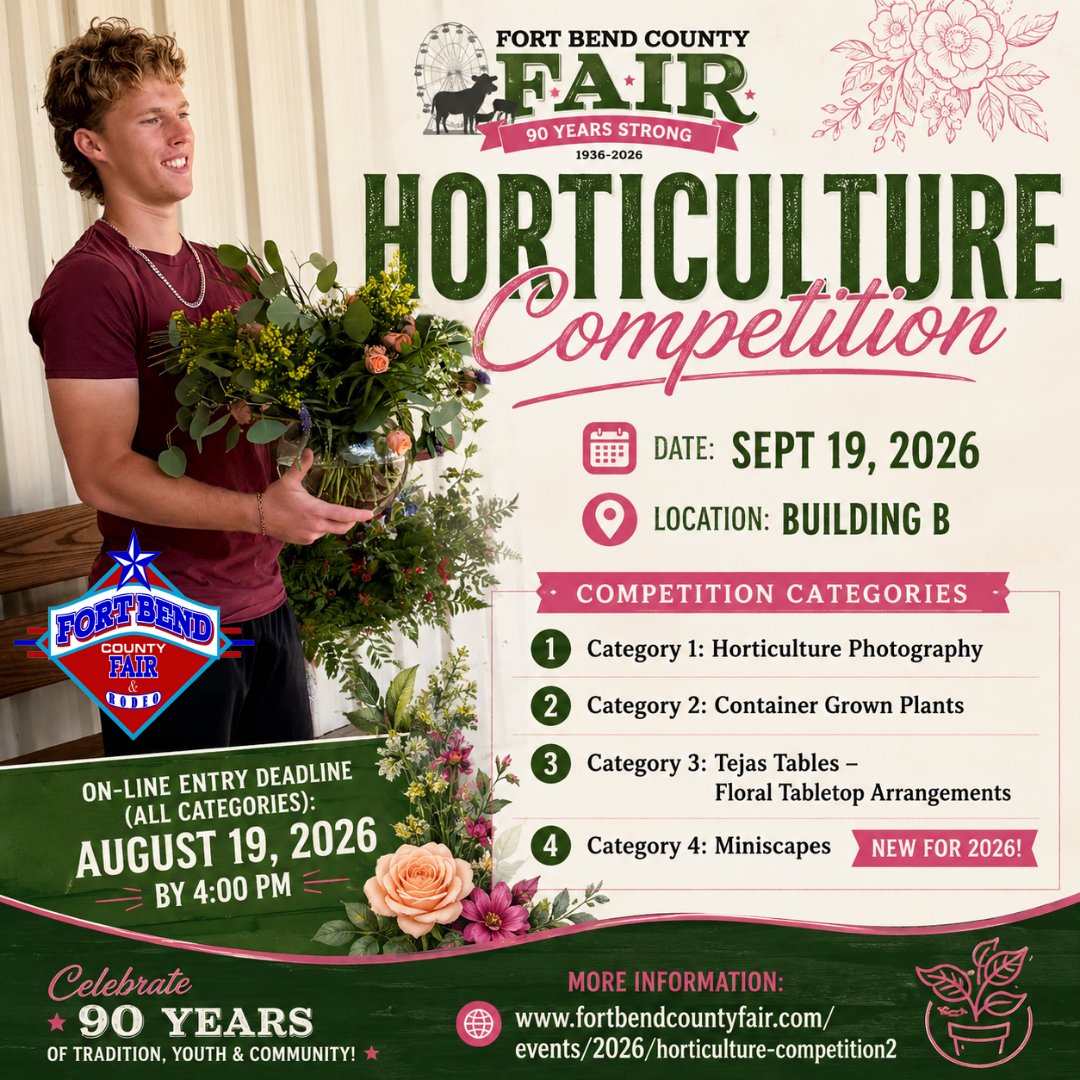 fbcfair's tweet photo. Calling all green thumbs, floral creatives, and photography enthusiasts!
The Fort Bend County Fair Horticulture Competition returns Sept. 19 in Bdg. B with four exciting categories — including NEW for 2026 Miniscapes!
🗓 Online entry deadline: Aug. 19
ℹ️: https://t.co/h6rZ6z1hfC https://t.co/hR50QLcGlq