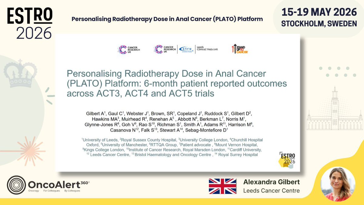 OncoAlert's tweet photo. Day FOUR of #ESTRO26 Coverage by OncoAlert 🚨 
Personalising Radiotherapy Dose in Anal Cancer (PLATO) Platform: 6-month patient reported outcomes across ACT3, ACT4 and ACT5 trials 
Presenter Alexandra Gilbert 🇬🇧 

The PLATO platform evaluates risk adapted radiotherapy dosing for anal squamous cell carcinoma across the disease spectrum. We report patient reported outcomes (PROs) using the EORTC-QLQ-C30 and QLQ ANL27 after 6-months follow-up. 706 patients were analysed (ACT3/4/5) with excellent PRO compliance. All treated groups experienced marked end of treatment declines with recovery by 6-months for most issues. ACT5 patients reported worse baseline PROs and persistently poorer bowel function at 6-months. Longer follow up will characterise late-effects. 

#RadOnc 
@ESTRO_RT
@yasemin09896924
@LindaMrissa
@christian_roenn
@Valeriadionisi
@gerryhanna
@clchiang_hk
@mtugceyilmaz
@B_Tomasik
@gmpetrianni
@CiroFranzese1
@Atem84
@piet_ost
@brachyexpert
@BlanceS90
@The_PT_Explorer
@BarbaraJereczek
@Mat_Guc
@ZilliThomas
@AnnaKirby17
@PBlanchardMD
@achoud72

Pinging OA faculty
@MKnoll_MD
@_ShankarSiva
@Icro_Meattini
@seanmmcbride
@NiuSanford
@nataliagandur
@acampsmalea
@to_be_elizabeth