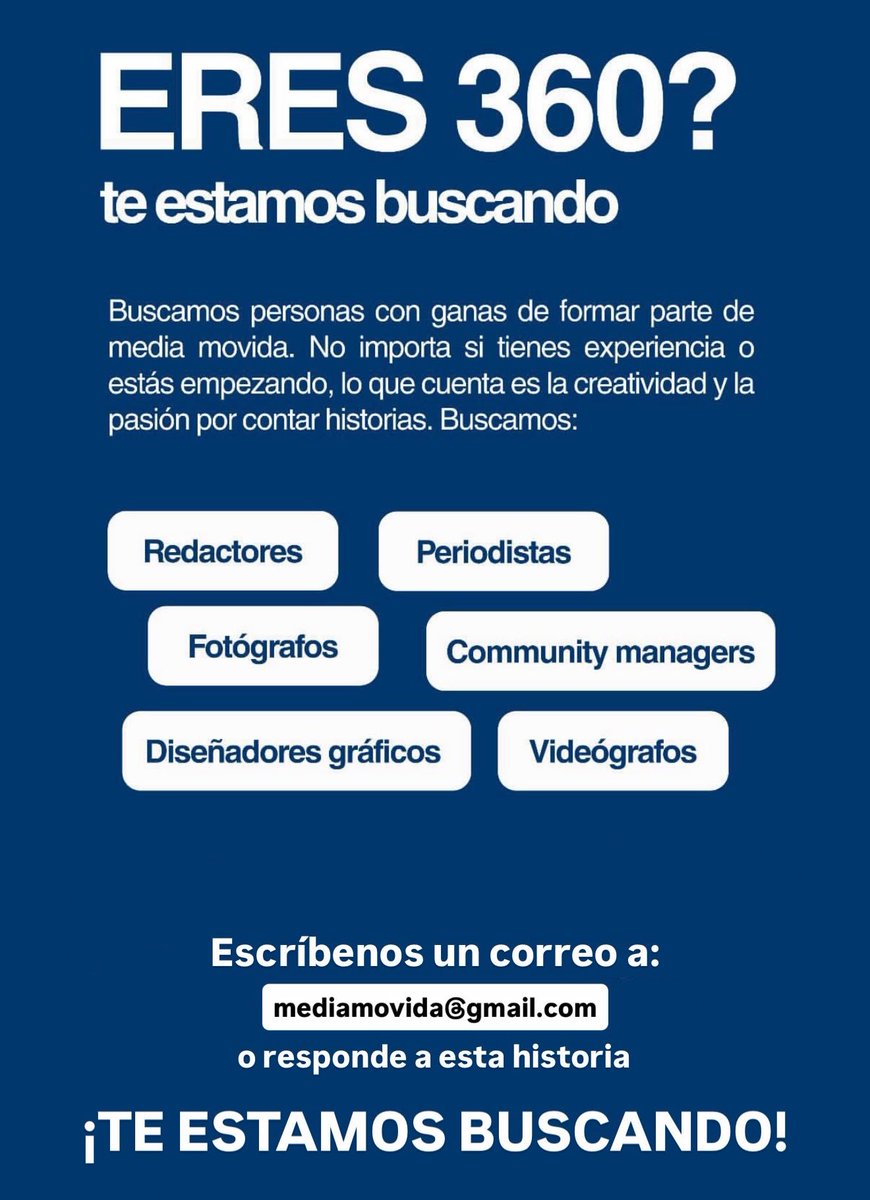 mediamovida's tweet photo. 🚨¡TE BUSCAMOS!🚨

¡Media movida busca colaboradores!

Si eres fotógraf@, periodista o CM y buscas un lugar donde crecer, estamos buscando colaboradores.

📩 Mándanos un mail a mediamovida@gmail.com con una breve presentación y trabajos tuyos. 

💙 Forma parte de la otra mitad. https://t.co/4DfcdwhRvq