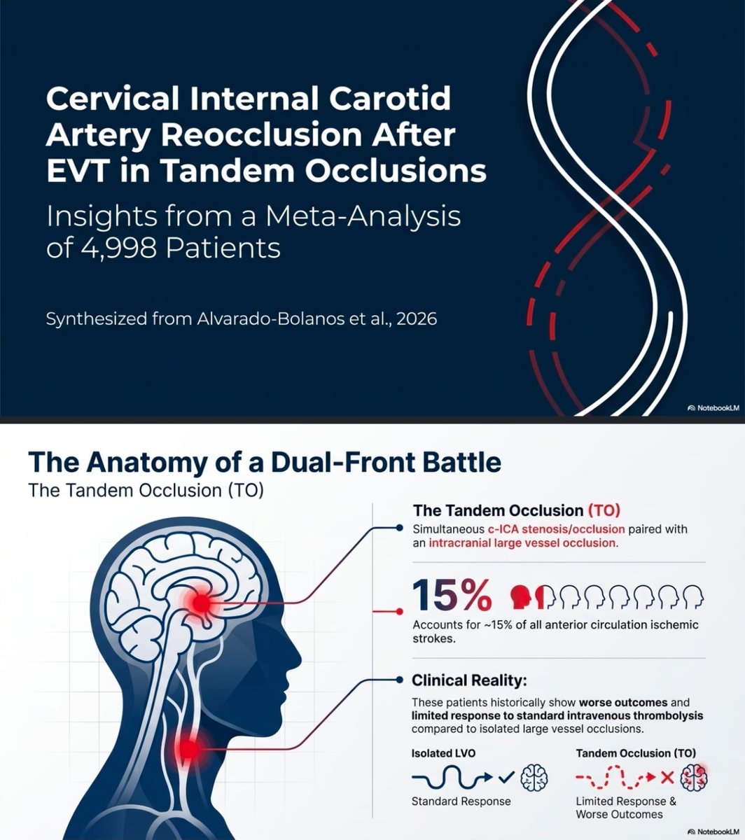 SharathKumarGG7's tweet photo. 🧠 New 2026 meta-analysis on tandem occlusions!
🔹 Early c-ICA reocclusion post-EVT occurs in 10.8% of patients.
🔹 Emergent stenting (eCAS) drops reocclusion to 10.9%, compared to 28.2% without.
🔹 Reocclusion is tied to worse 90-day functional outcomes.
#Stroke #Neurology #MedTwitter #Thrombectomy