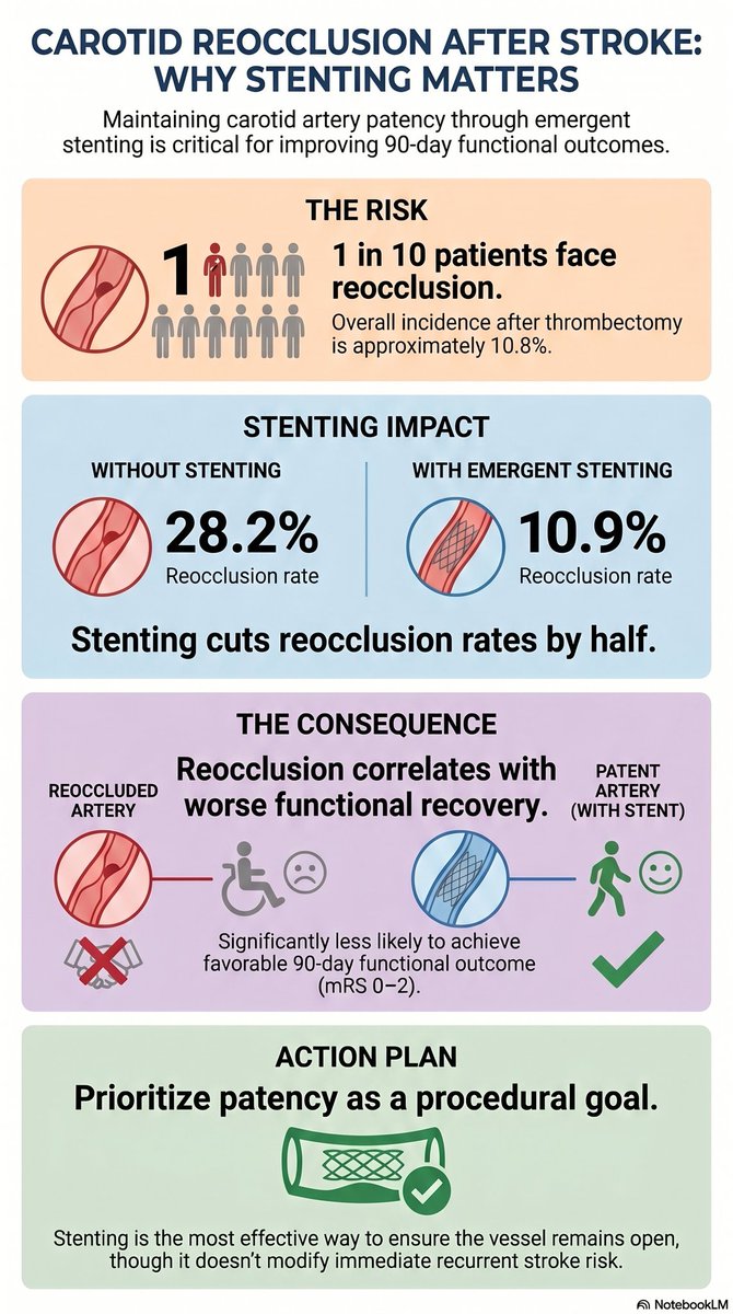 SharathKumarGG7's tweet photo. 🧠 New 2026 meta-analysis on tandem occlusions!
🔹 Early c-ICA reocclusion post-EVT occurs in 10.8% of patients.
🔹 Emergent stenting (eCAS) drops reocclusion to 10.9%, compared to 28.2% without.
🔹 Reocclusion is tied to worse 90-day functional outcomes.
#Stroke #Neurology #MedTwitter #Thrombectomy