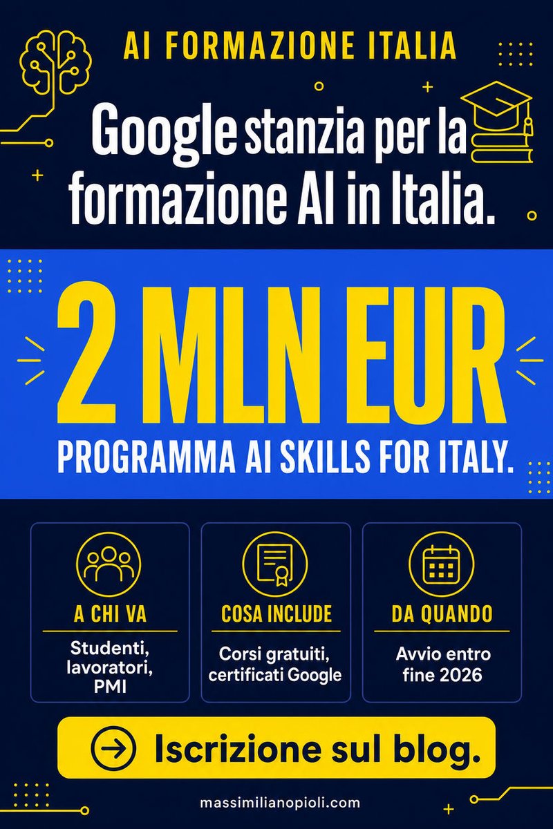 MassyPioliAI's tweet photo. Google ha stanziato 2 milioni di dollari per la formazione AI in Italia.

Programma NewFutures:AI con INCO e Chance. Target: 13.000 studenti universitari.

Prime 3 università: Roma Tre, Salerno, Sassari.

Dettagli: https://t.co/a60rNuwgrV https://t.co/OOdsHJE2DB