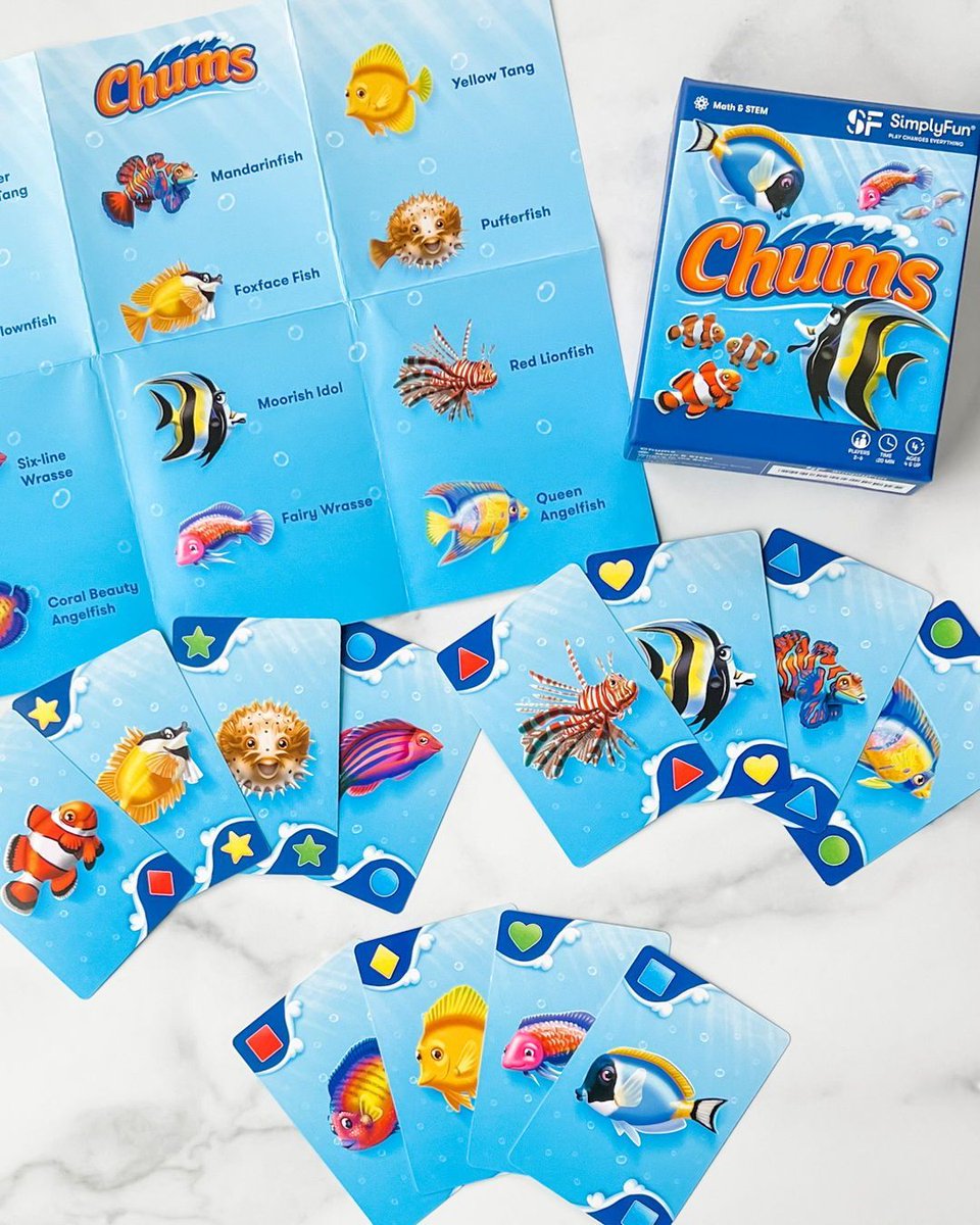 SimplyFun's tweet photo. This card game is like a trip to the aquarium 🐟 ! 

Help your preschooler learn colors &amp; shapes while they match and explore colorful fish, with Chums. 

Save 10% on 3+ portable games: https://t.co/dOZUifScQV https://t.co/YBeclsNNt0