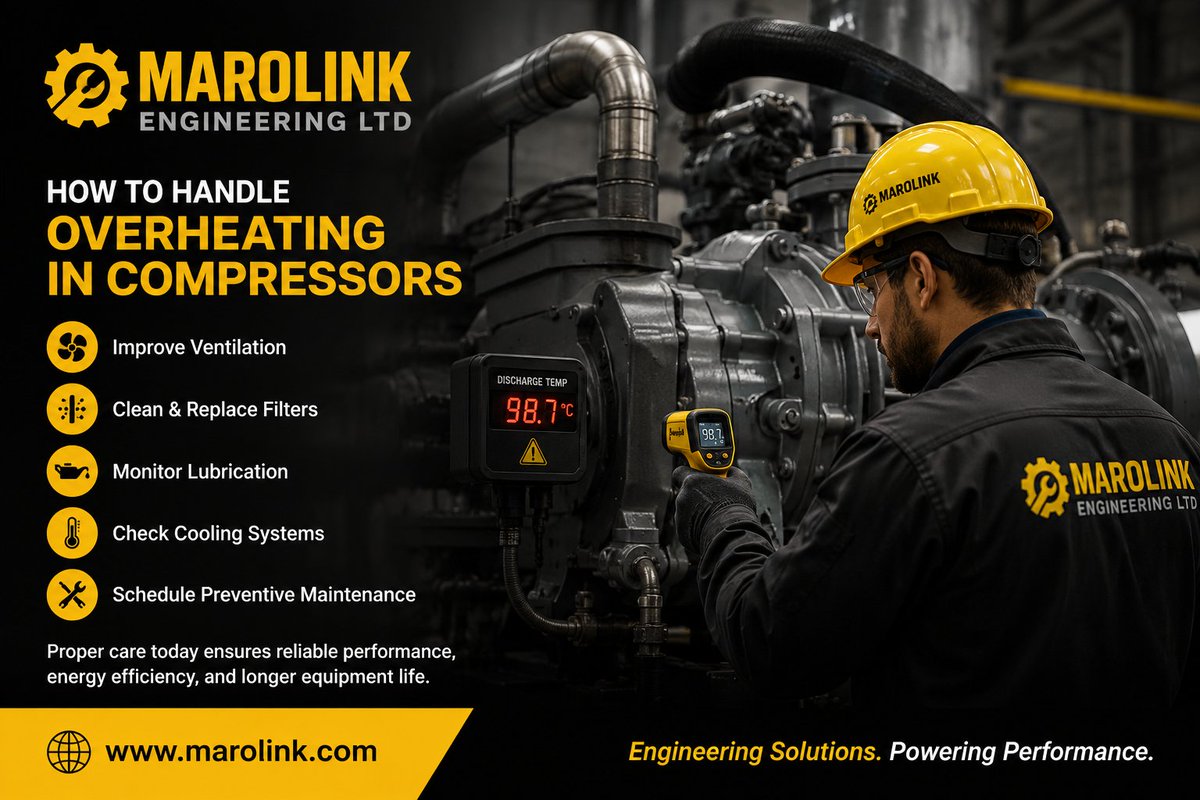 marolink_engr's tweet photo. Compressor overheating can cause costly downtime and equipment failure. Improve ventilation, clean filters, monitor lubrication, and schedule preventive maintenance to keep systems running efficiently. #CompressorMaintenance #Engineering https://t.co/UfWqzghxgi