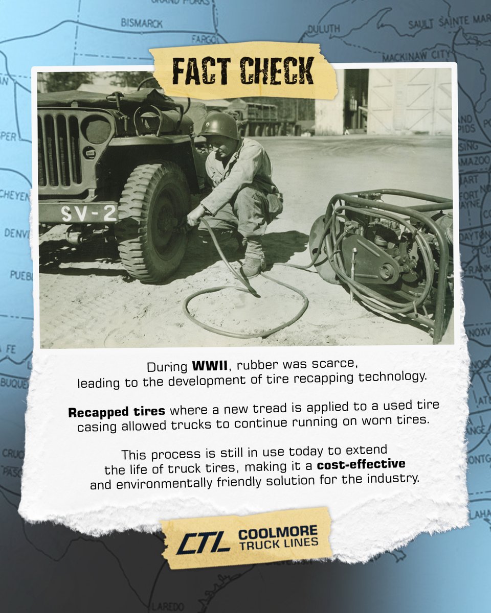 coolmoreTL's tweet photo. Tire recapping has been keeping trucks moving since WWII. 🛞

Decades later, recapped tires are still part of trucking. They help reduce waste, lower tire costs, and keep fleets running without replacing every tire from scratch.

#CoolmoreTruckLines #FactCheck #TruckingHistory https://t.co/K5w6utn934