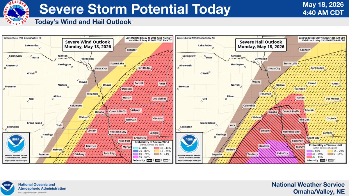 DCSheriffNE's tweet photo. ⚠️Weather Watch⚠️

Douglas County, continue to be on alert for severe this afternoon through tonight. Currently, most of Douglas County is projected to be at an enhanced risk of severe weather events beginning at 2 pm and extending through 11 pm. This weather is projected to include 2-4 inch hail, damaging winds, and possible tornadic activity.

Tornado risk can often be forecast ahead of time; however,  tornados themselves can develop fast and with little warning. It is always a good idea to have a plan ahead of time, in case a tornado strikes.
◾Know where you can safely shelter. Preferably in a basement or interior room without windows.
◾Be aware of how our community provides warnings. I.E. sirens, social media, news media, weather radios, and mobile notifications.
◾Have a list of emergency contacts in case a tornado strikes near you.

As always, make sure to follow @NWSOmaha or other local news outlets for accurate and up to date information as conditions can change rapidly.