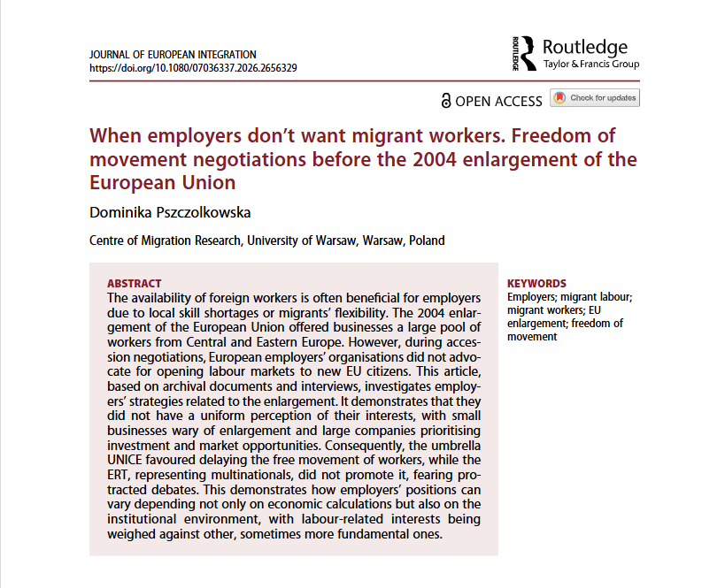 DPszczolkowska's tweet photo. Interested in #employers #labourmigration #EUenlargement? Check out my new article in the Journal of European Integration @jei-publication.bsky.social. The research was part of the #Efactor project @CMR_Warsaw on employers' interests in labour migration
#openaccess 1/2 https://t.co/gVSjSSHElj