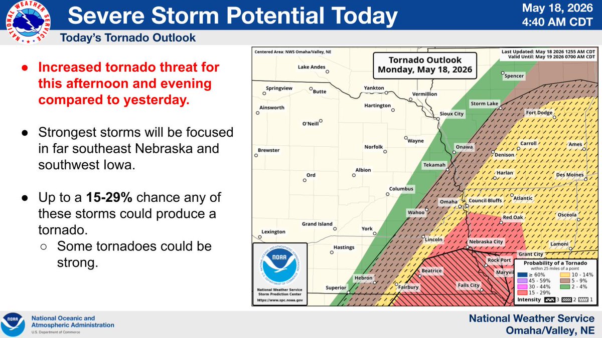 DCSheriffNE's tweet photo. ⚠️Weather Watch⚠️

Douglas County, continue to be on alert for severe this afternoon through tonight. Currently, most of Douglas County is projected to be at an enhanced risk of severe weather events beginning at 2 pm and extending through 11 pm. This weather is projected to include 2-4 inch hail, damaging winds, and possible tornadic activity.

Tornado risk can often be forecast ahead of time; however,  tornados themselves can develop fast and with little warning. It is always a good idea to have a plan ahead of time, in case a tornado strikes.
◾Know where you can safely shelter. Preferably in a basement or interior room without windows.
◾Be aware of how our community provides warnings. I.E. sirens, social media, news media, weather radios, and mobile notifications.
◾Have a list of emergency contacts in case a tornado strikes near you.

As always, make sure to follow @NWSOmaha or other local news outlets for accurate and up to date information as conditions can change rapidly.