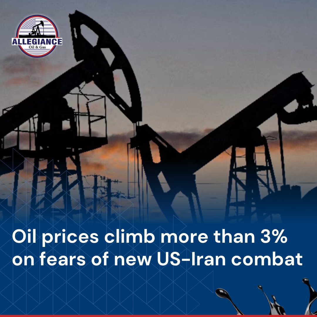 AllegianceOil's tweet photo. Oil prices have climbed more than 3% as renewed U.S. - Iran tensions have raised concerns around supply disruptions and shipping activity in the Strait of Hormuz.

👉 https://t.co/LPxMqr6hmz https://t.co/6MsJutYQnZ