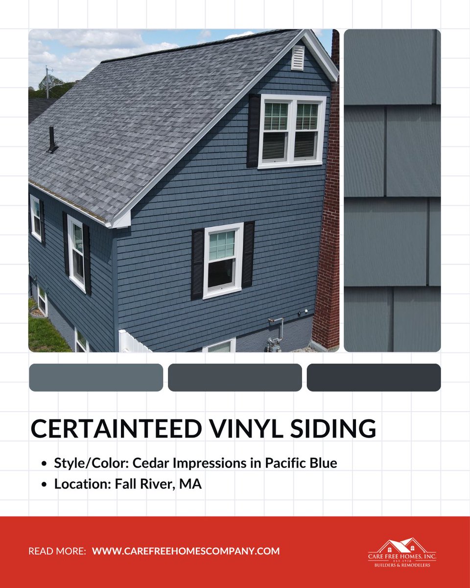 makeitcarefree's tweet photo. Making waves with this Southcoast home! 🌊🛥️ Check out this transformation of this Fall River, MA home with CertainTeed Cedar Impressions Vinyl Siding in the color Pacific Blue! Combined with its durability, low-maintenance, and visually appealing material, this siding is sure to deliver.

Why choose Care Free Homes?

🏠 Local, Family-Owned and Operated for 48+ Years
🏠 Flexible Financing Options for Qualified Homeowners
🏠 A+ rated, Accredited BBB member for 30+ Years
🏠 Expert craftsmanship and industry leading warranties

Want to make your home renovation a breeze? Get started with a FREE siding quote today!

☎️ Call (508) 997-1111 or
🗓️ Schedule an appointment online - link in our bio!

#CareFreeHomesInc #SidingContractor #FamilyBusiness #FallRiverMA #FreeSidingQuote