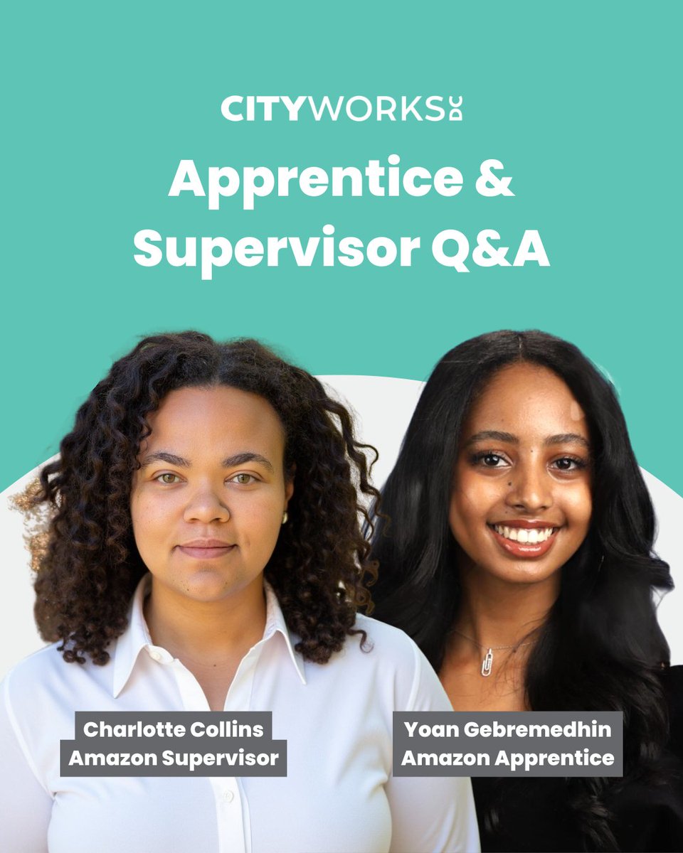 CityWorksDC's tweet photo. Read an apprentice and supervisor Q&amp;A with @Amazon apprentice Yoan Gebremedhin and her supervisor Charlotte Collins, where they offer a dual perspective on what it means to grow, mentor, and be mentored in a large corporate environment: https://t.co/uLcvVzxcIw https://t.co/IfyVP7XWtB