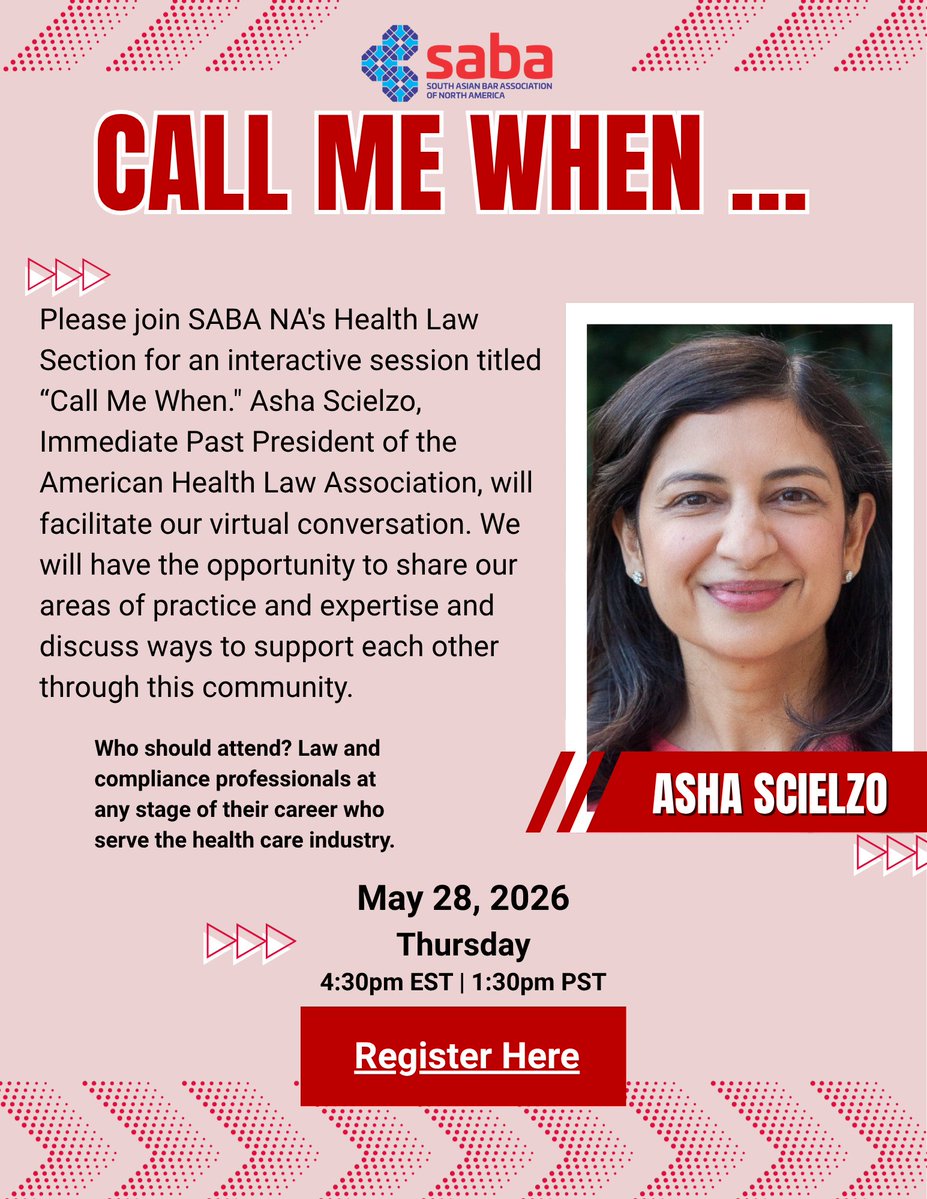 SABALegal's tweet photo. Please join SABA NA's Health Law Section for an interactive session titled "Call Me When." 
Register here:
https://t.co/FOfghgbgZG https://t.co/HpI9HNokEB