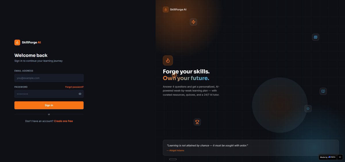 RecoveryEyo's tweet photo. Tired of 40 open tabs and no real learning plan?

SkillForge AI turns any skill goal into a structured
week-by-week roadmap with videos, docs &amp; quizzes ✅

Just tell it what you want to learn. That's it.

🔗 https://t.co/vL46XR8RfC

#BuiltWithMeDo #BuildWithMeDo https://t.co/0iR1395uEl