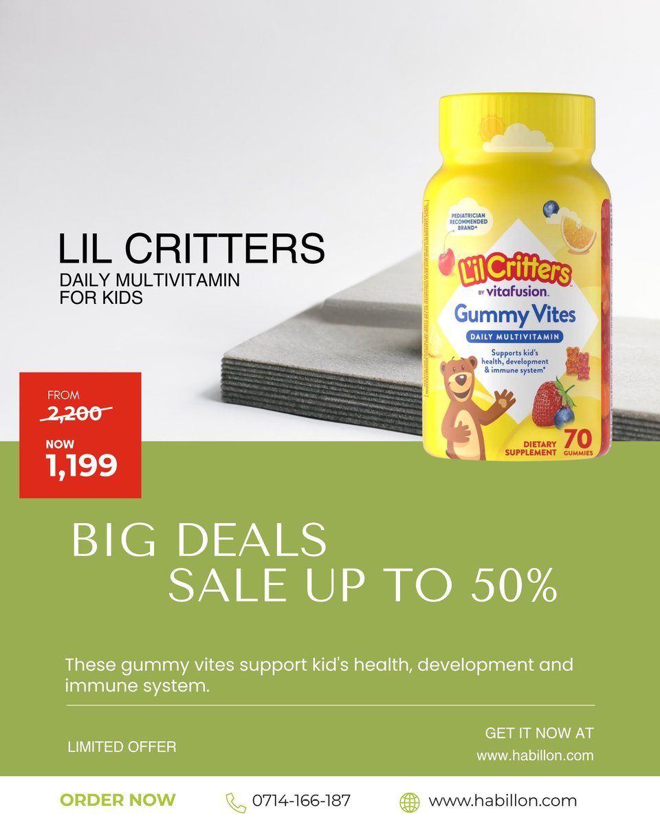 Habillon_ke's tweet photo. Lil Critters Daily multivitamin for Kids is now on a BIG DEAL SALE 

Was KSh 2,200
NOW ONLY KSh 1,199 

These delicious gummy vites support your child’s health, development and immune system. 

📞 0714-166-187

#LilCritters #MelatoninForKids #HabillonPharmacy #KidsWellness https://t.co/MIb2vfqcdq