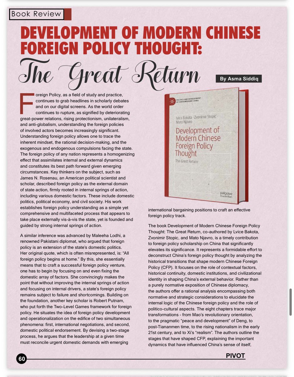 Pivot_ISSI's tweet photo. PIVOT features the book review of  entitled book “Development of Modern Chinese Foreign Policy Thought: The Great Return “by Asma Siddiq, examining the evolution of China’s strategic worldview and its foreign policy foundations. https://t.co/bkCwMAY3mg