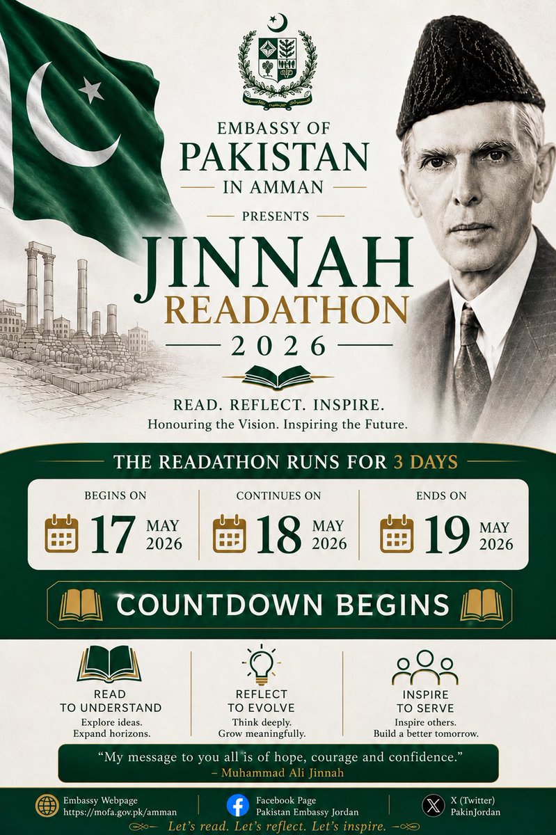 PakinJordan's tweet photo. The Embassy of Islamic Republic of Pakistan 🇵🇰 in Jordan 🇯🇴 presents “Jinnah Readathon 2026”.

@ForeignOfficePk 
@PkPublicDiplo https://t.co/O1ucRw5KK1