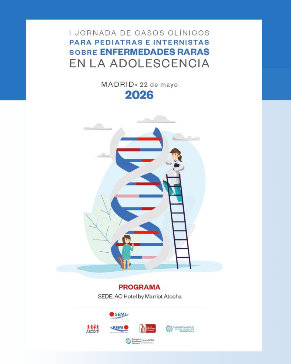 Sociedad_SEMI's tweet photo. I Jornada de Casos Clínicos para pediatras e internistas sobre #EnfermedadesRaras en la #Adolescencia 2026
Para todos los internistas interesados en las enfermedades minoritarias, inscríbete en la primera reunión conjunta de Casos Clínicos de Medicina Interna y Pediatría avalada por SEMI, #AECOM Interna, y por la Sociedad Española de Errores Innatos del Metabolismo #SEEIM. Se basa en 10 casos clínicos impartidos por internistas y pediatras sobre pacientes con #EEMM y debut o aspectos relevantes durante la ADOLESCENCIA.
Esta jornada tendrá lugar en el Hotel AC by Marriot Atocha el día 22 de mayo.
👉 Web de la jornada: https://t.co/zlfzoV9qkq
#SEMI #MedicinaInterna